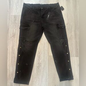NWT Nova Men Black Cargo Jeans Sz 42 Straight Leg Cargo Grunge‎ Urban Streetwear